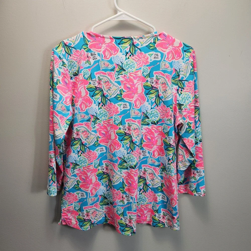 Lulu-B Womens Golf Floral V-Neck Top Blue Pink Hole In One 3/4 Sleeve Medium - Picture 2 of 10